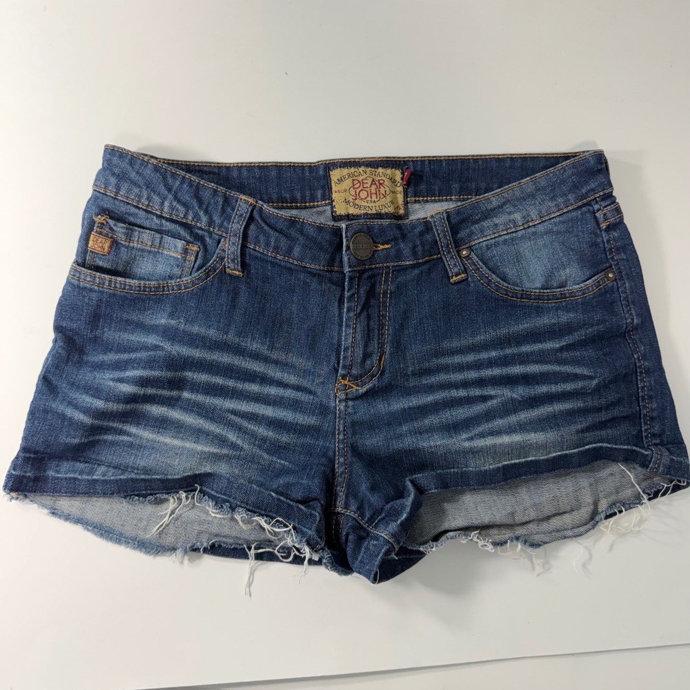 Dear John Denim Shortie Shorts Women 29 Blue Medium Wash Raw Hem Whiskered